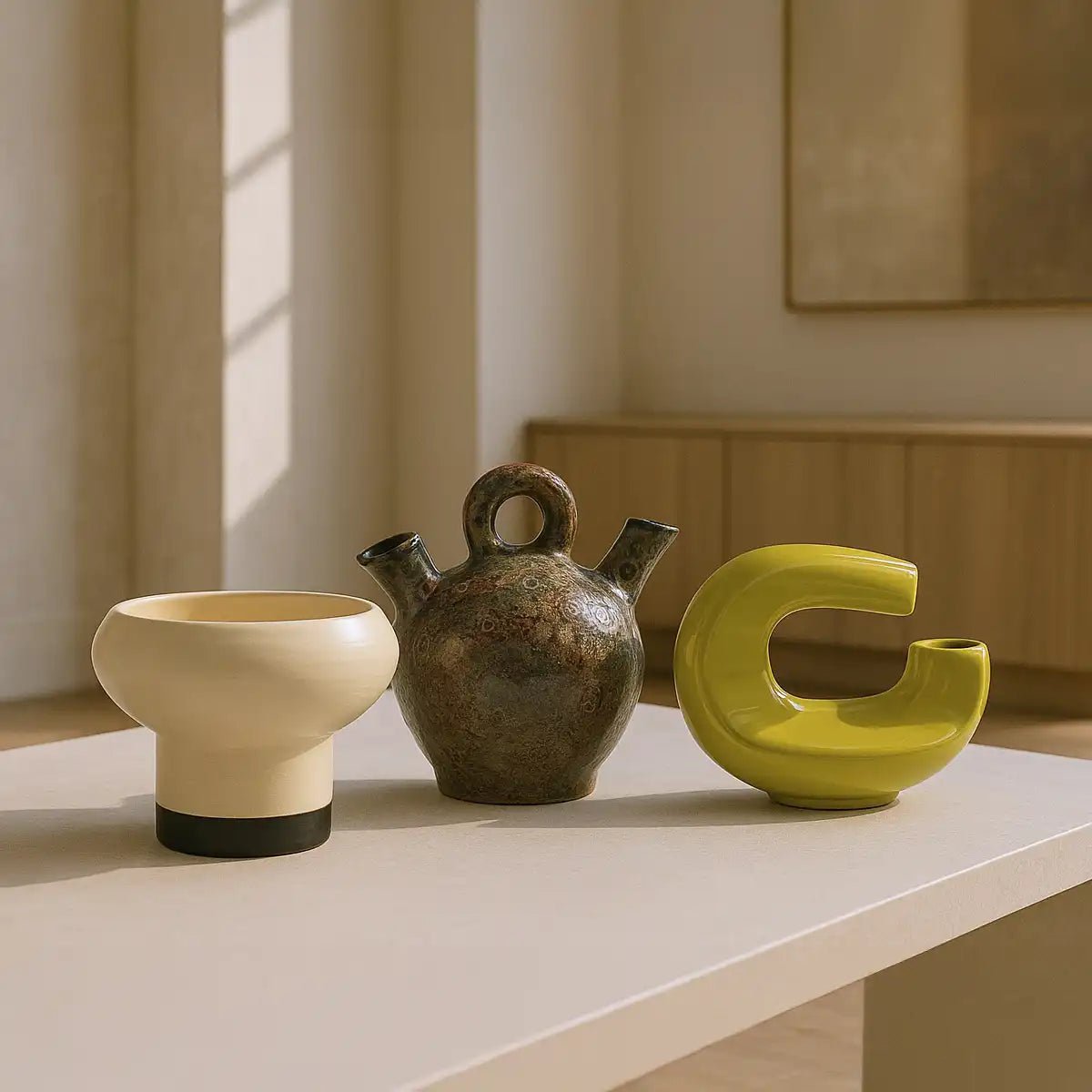 Primo piano della base smaltata in blu scuro a contrasto con la ceramica naturale della ciotola.