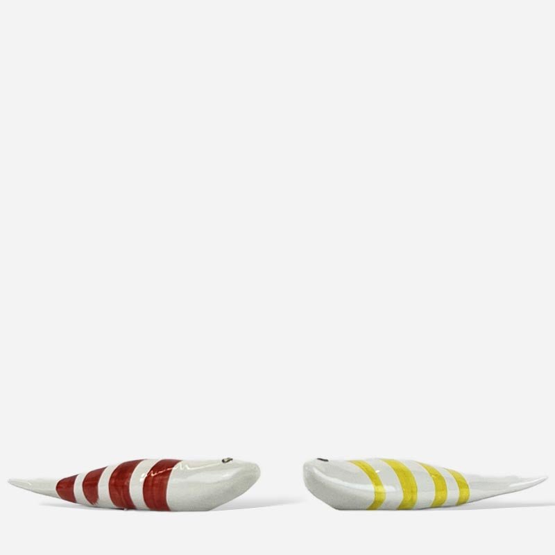 Profilo di un pesce in ceramica che ne mostra la forma tridimensionale e scultorea.