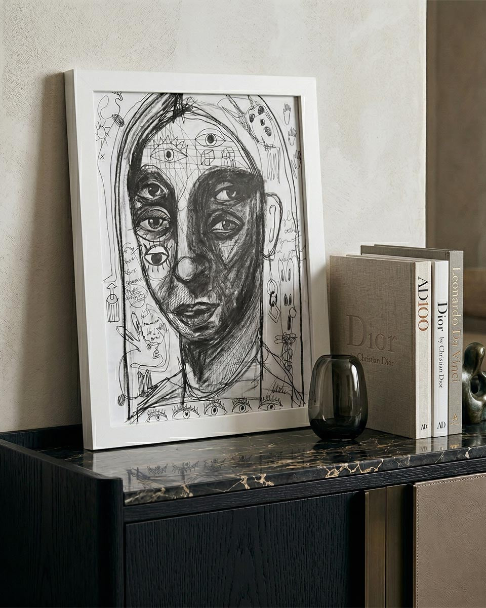 ettaglio dei molteplici occhi nel disegno d'autore Massimiliano Precisi, simbolo di visione plurale.