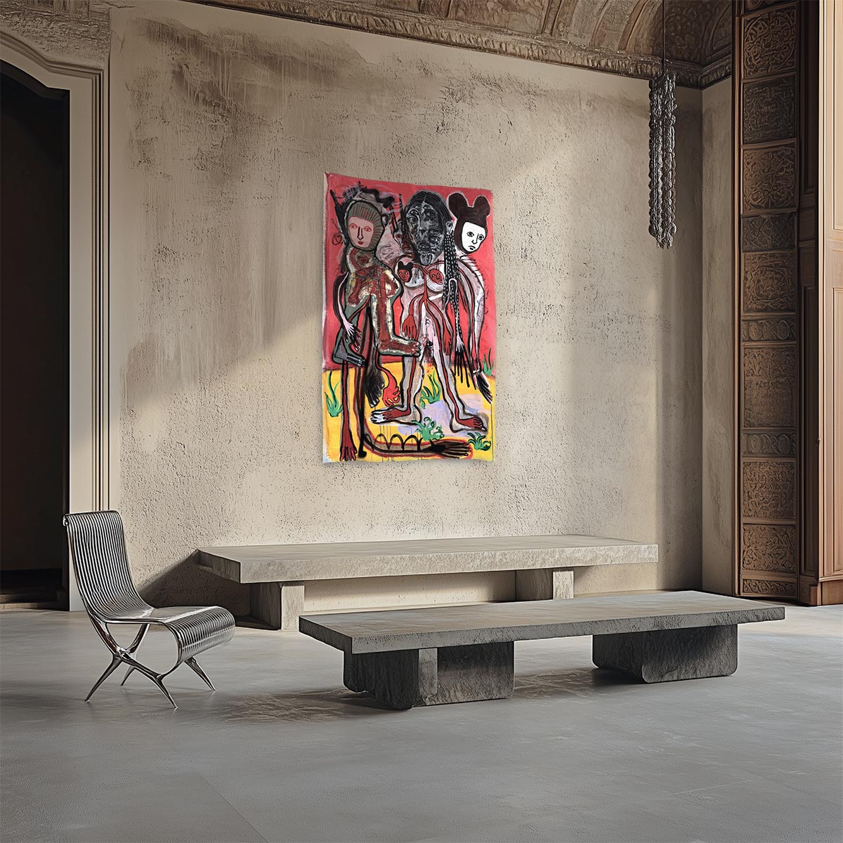 Primo piano della figura centrale con occhi multipli nel quadro La Falsa Maschera.