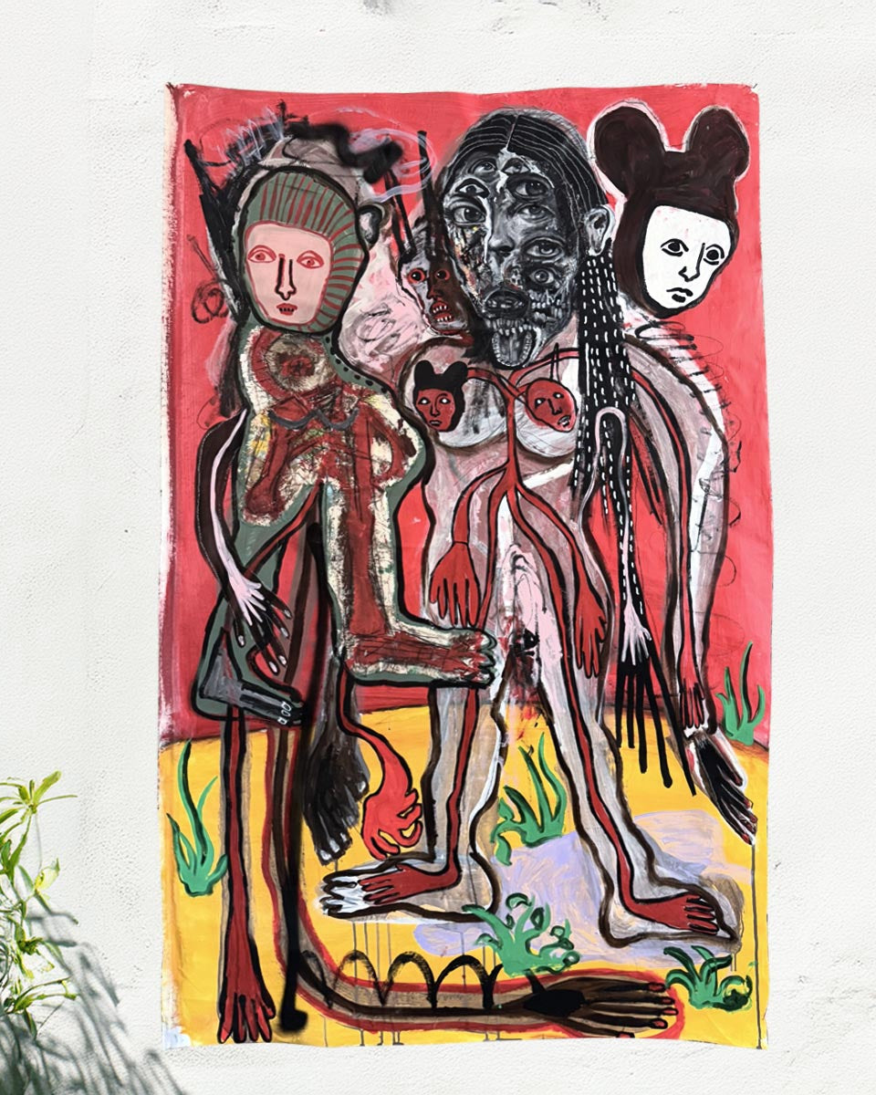 Quadro La Falsa Maschera di Massimiliano Precisi, pittura surrealista su sfondo rosso intenso.