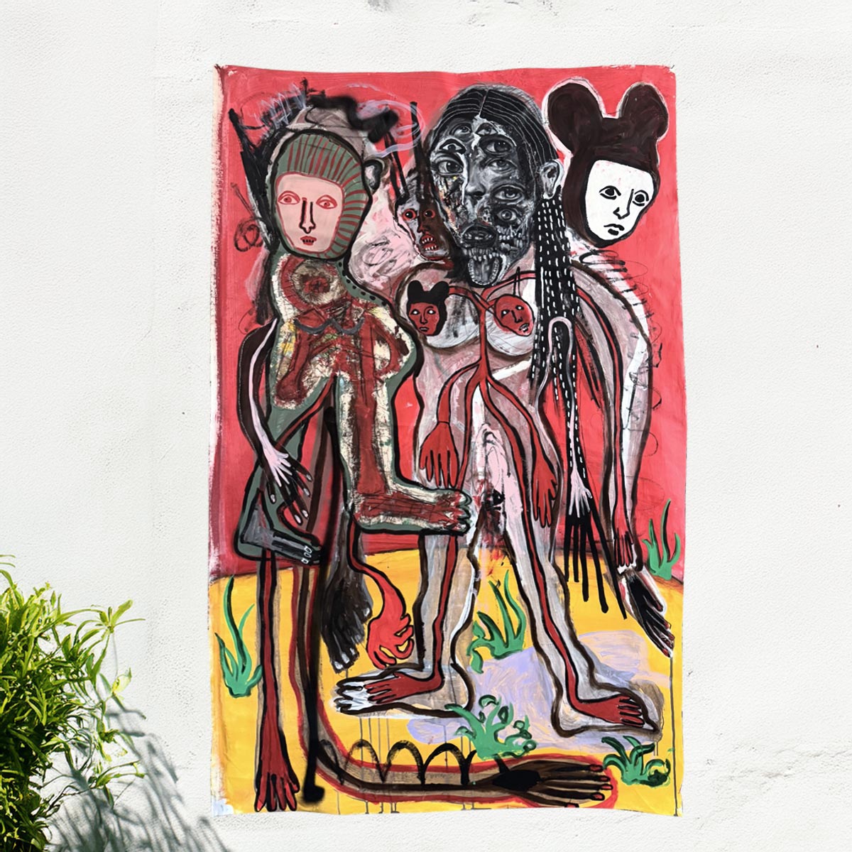 Quadro La Falsa Maschera di Massimiliano Precisi, pittura surrealista su sfondo rosso intenso.