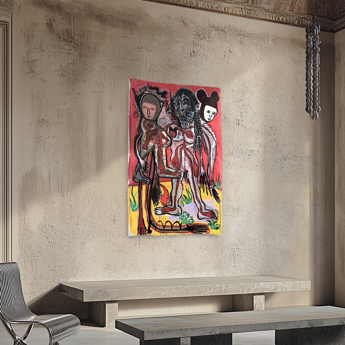 Primo piano della figura centrale con occhi multipli nel quadro La Falsa Maschera.