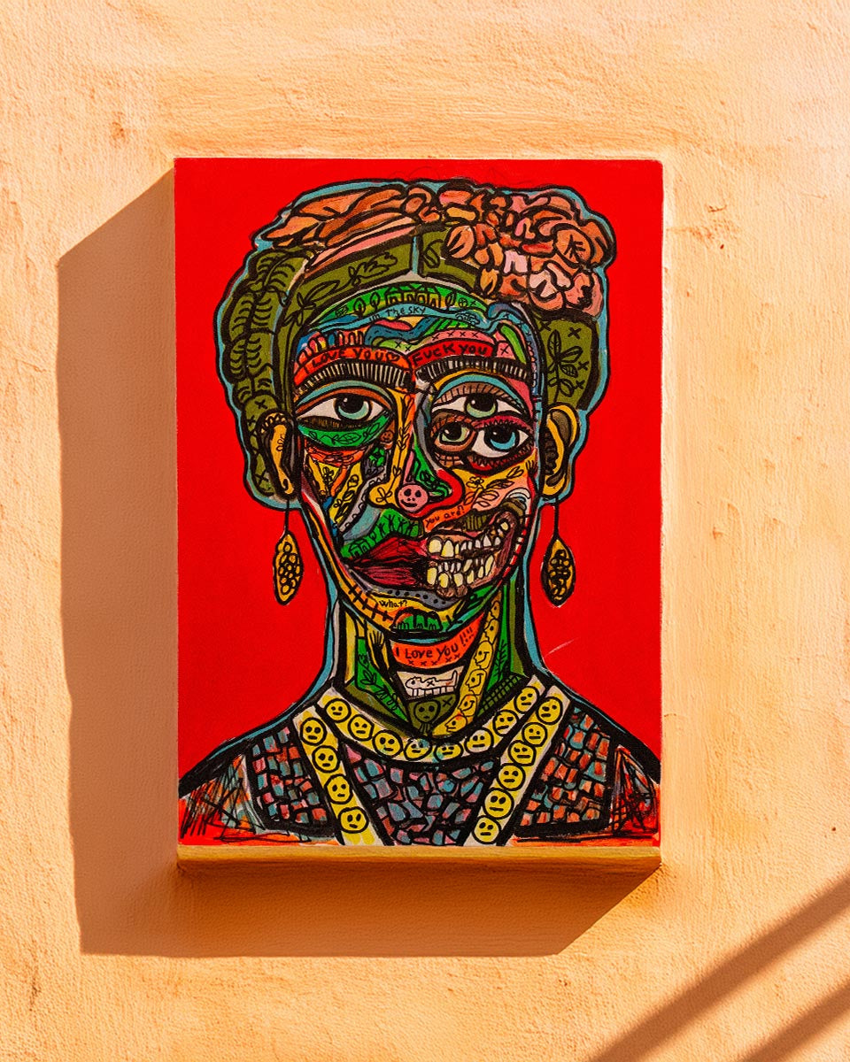 Quadro Frida in Love di Massimiliano Precisi, ritratto espressionista e frammentato di Frida Kahlo.