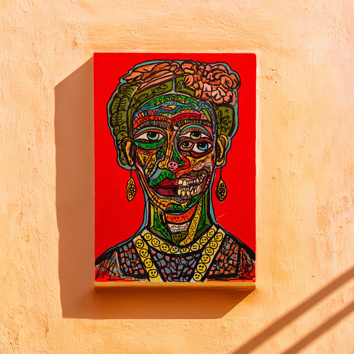 Quadro Frida in Love di Massimiliano Precisi, ritratto espressionista e frammentato di Frida Kahlo.
