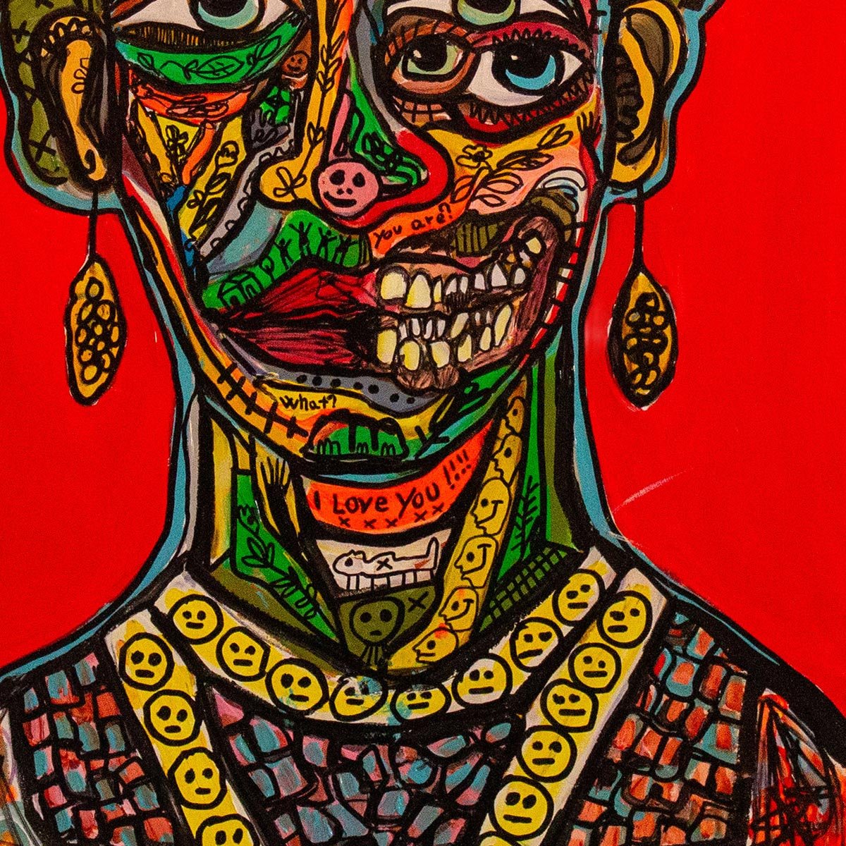 Particolare del fondo rosso vivo e dei colori accesi utilizzati da Massimiliano Precisi.