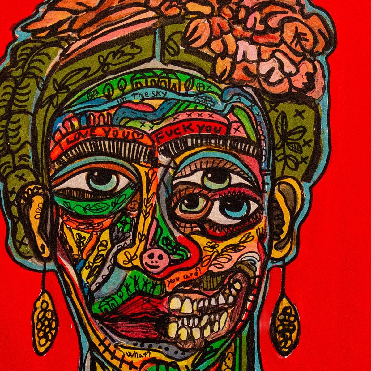 Dettaglio dei tratti materici e graffiati sulla superficie del Quadro Frida in Love.