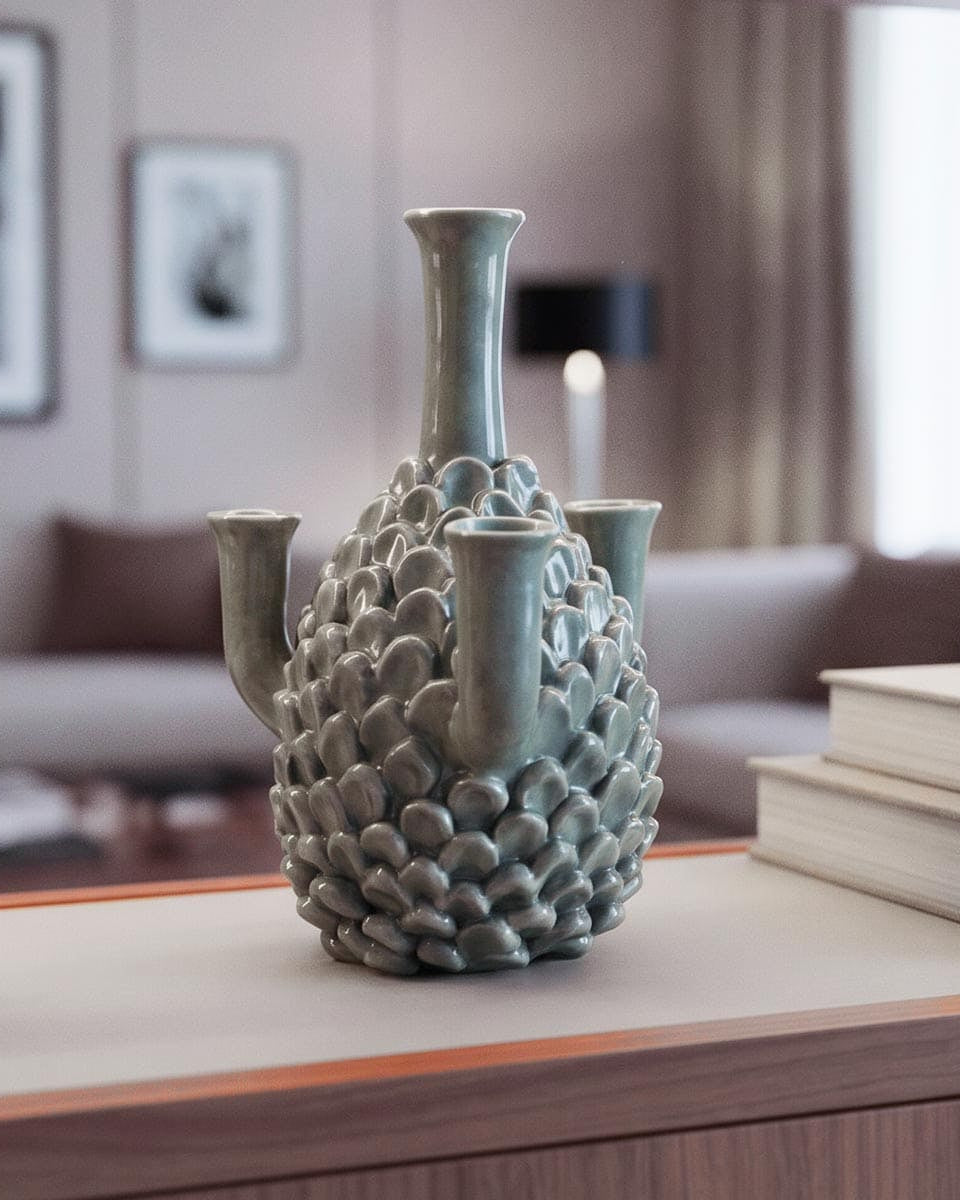 vaso in ceramica di design di forma a pigna color grigio chiaro su mobile in legno