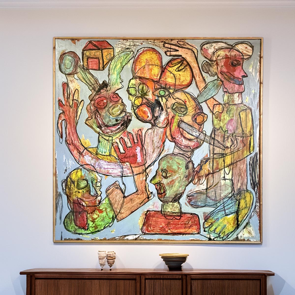 Particolare dei colori accesi e delle linee grottesche nel quadro di Precisi.