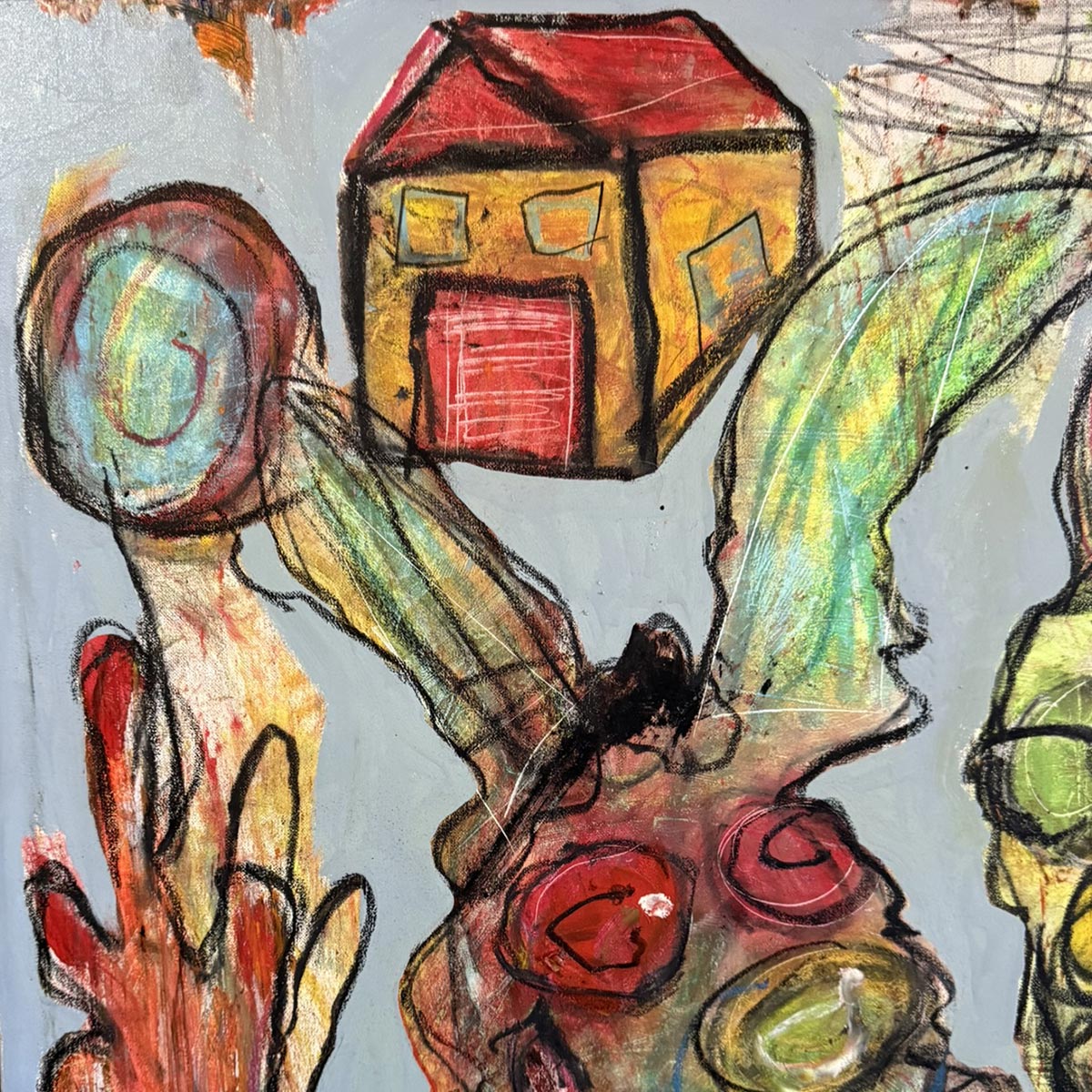 Il Quadro Il Burattinaio di Massimiliano Precisi esposto su una parete bianca.