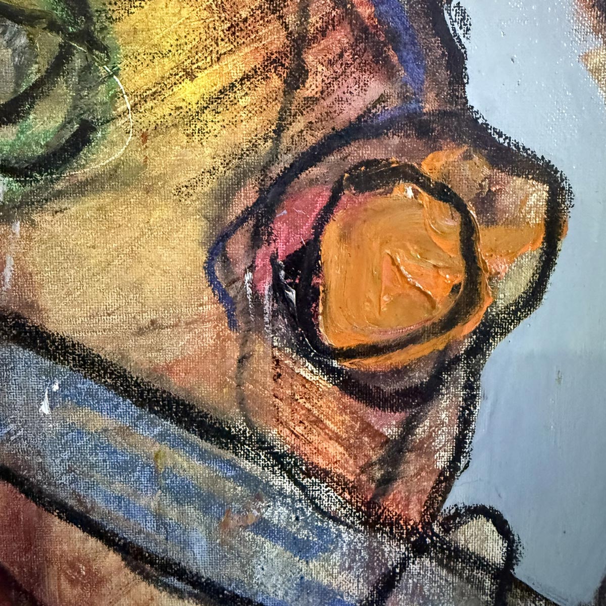 Dettaglio della firma dell'artista Massimiliano Precisi sul quadro Il Burattinaio.