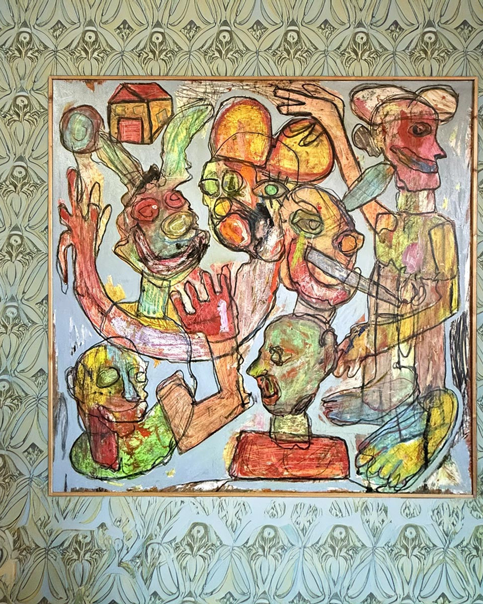 Quadro Il Burattinaio di Massimiliano Precisi, opera di critica sociale su tela riciclata.