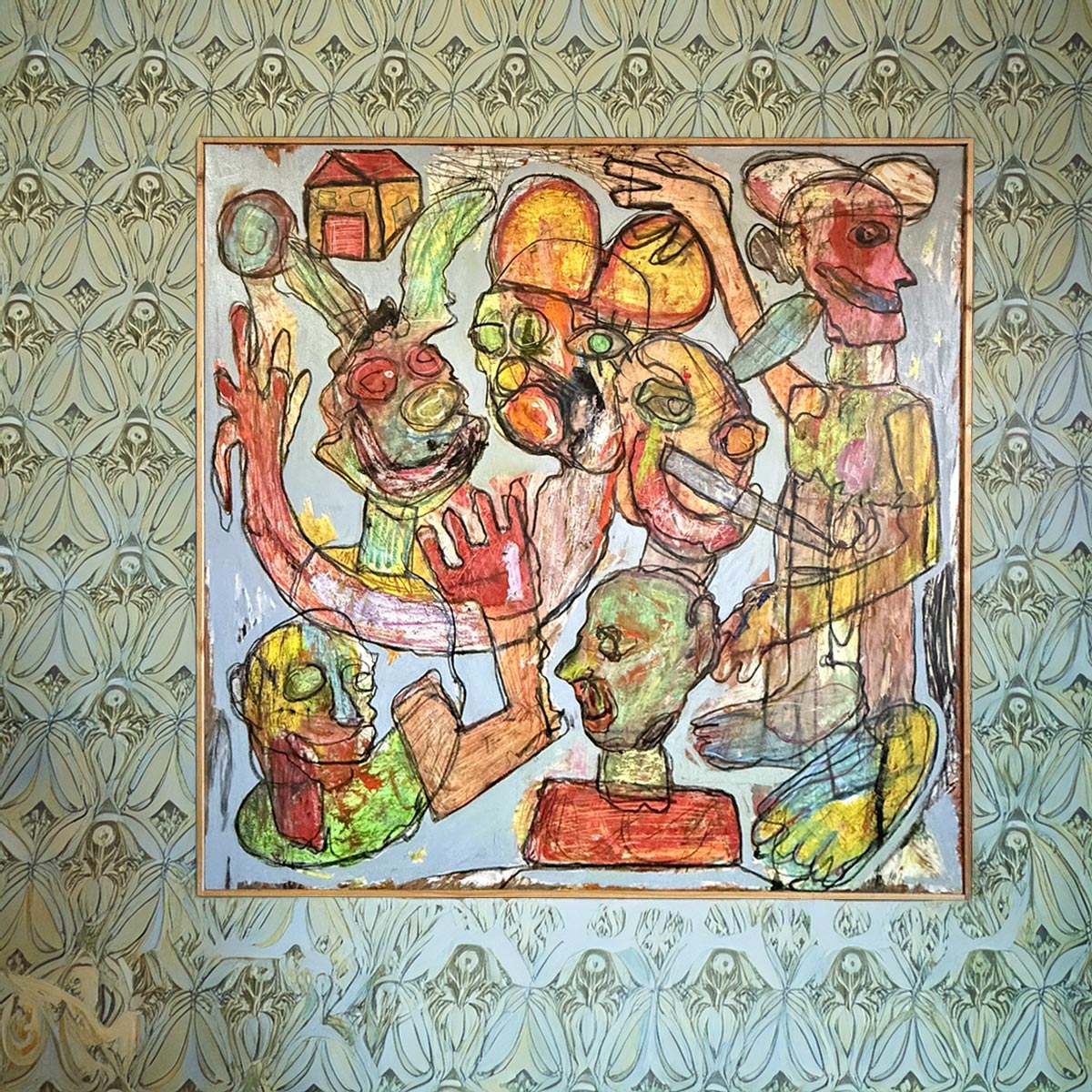 Quadro Il Burattinaio di Massimiliano Precisi, opera di critica sociale su tela riciclata.