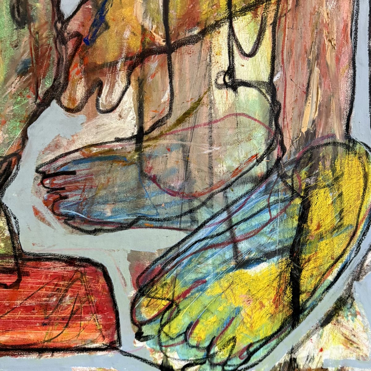 Vista angolata del Quadro Il Burattinaio che mostra la texture della tela riciclata.