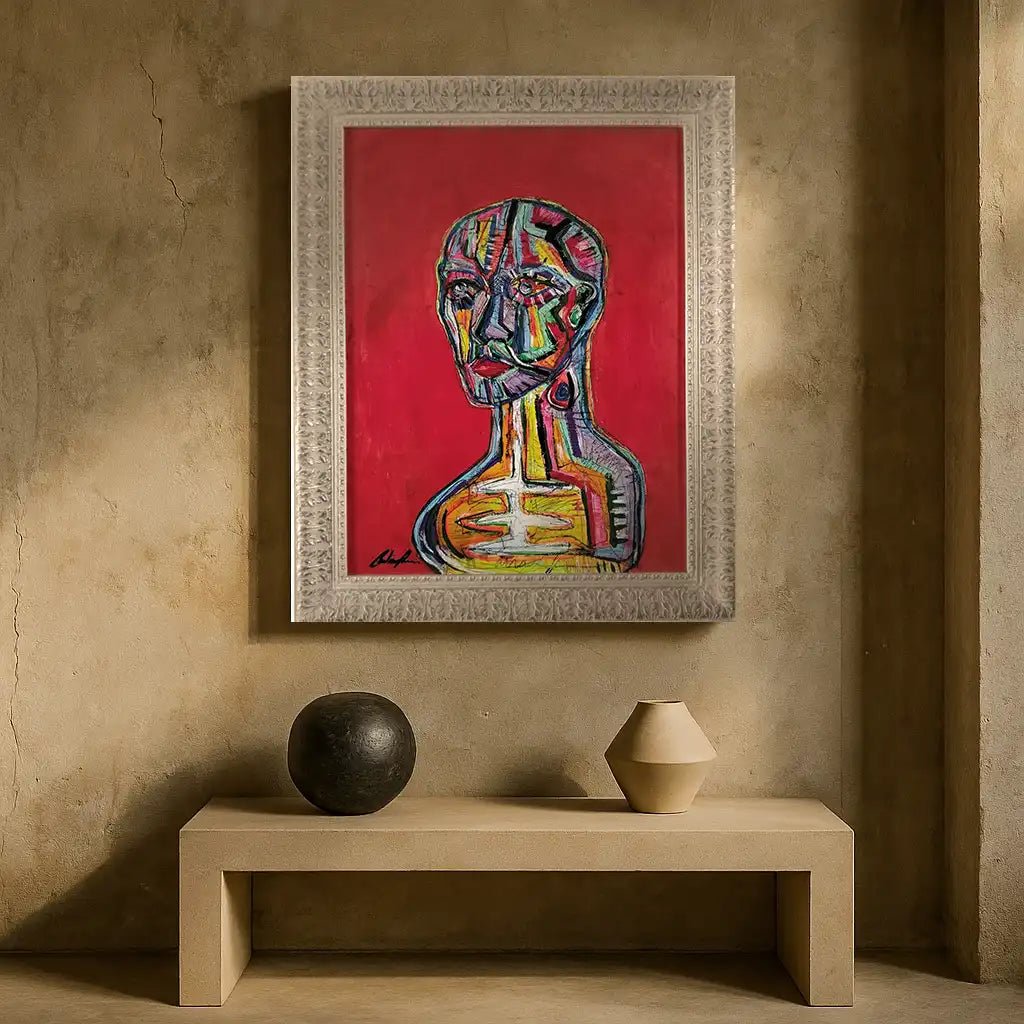 Particolare della cornice bianca in contrasto con i colori accesi del quadro Il Matto.