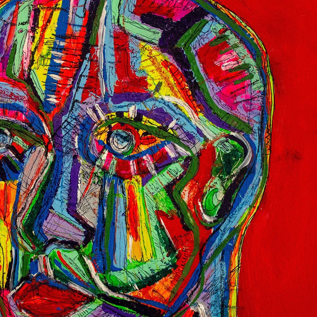 Il Quadro Il Matto di Massimiliano Precisi esposto su una parete come arte provocatoria.