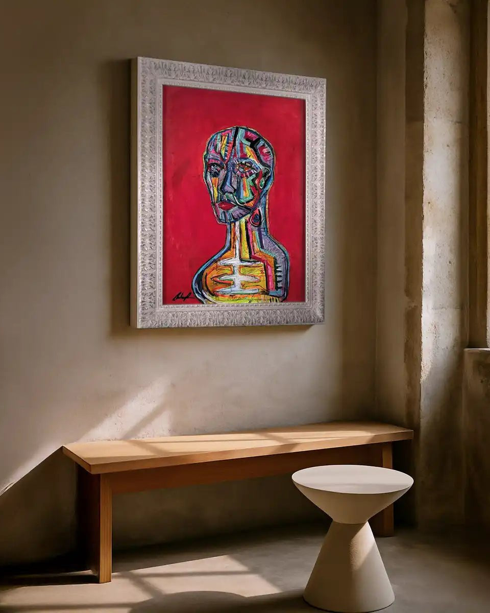 Quadro Il Matto di Massimiliano Precisi, pittura espressionista di un volto scomposto su fondo rosso.