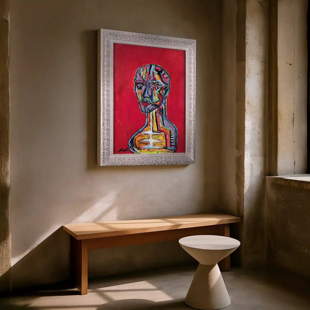 Quadro Il Matto di Massimiliano Precisi, pittura espressionista di un volto scomposto su fondo rosso.