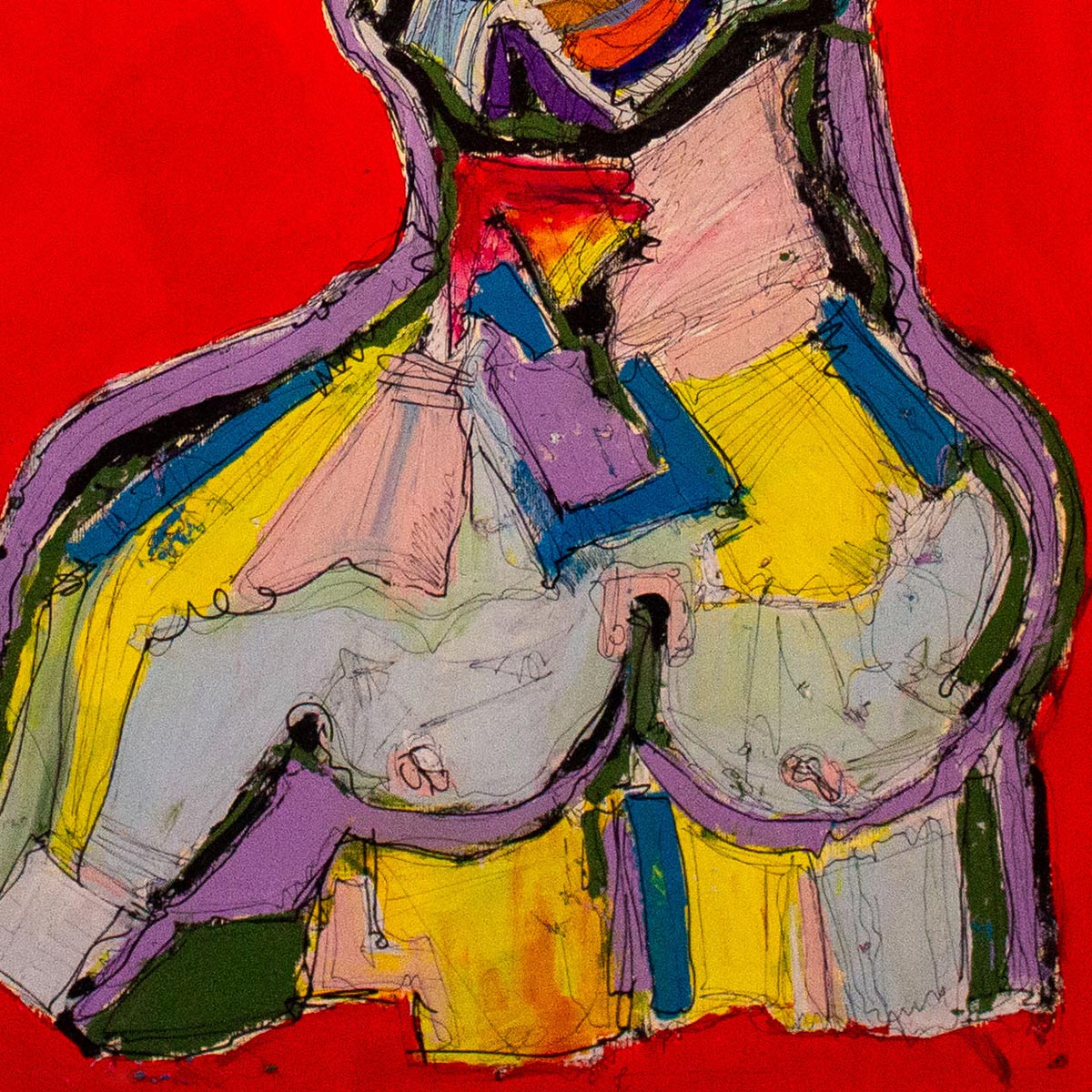 Dettaglio della materia pittorica stratificata e del gesto energico dell'artista.