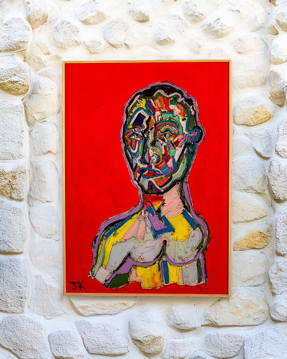 Quadro Il Pugile di Massimiliano Precisi, pittura espressionista di un pugile su fondo rosso.