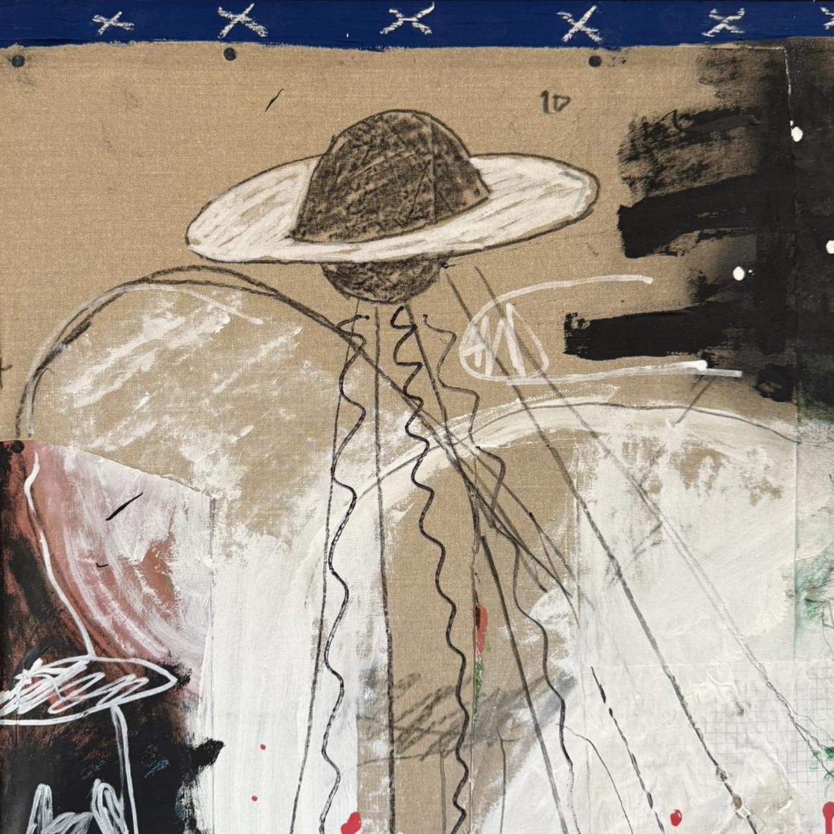 Il Quadro Invasione degli alieni di Massimiliano Precisi esposto su una parete bianca.