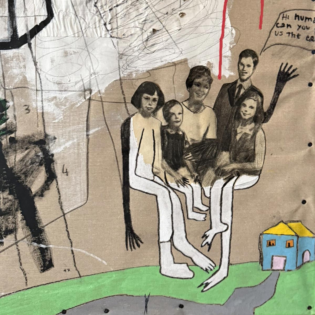 Particolare della scritta "Hi human, can you give us the earth?" nel quadro di Precisi.