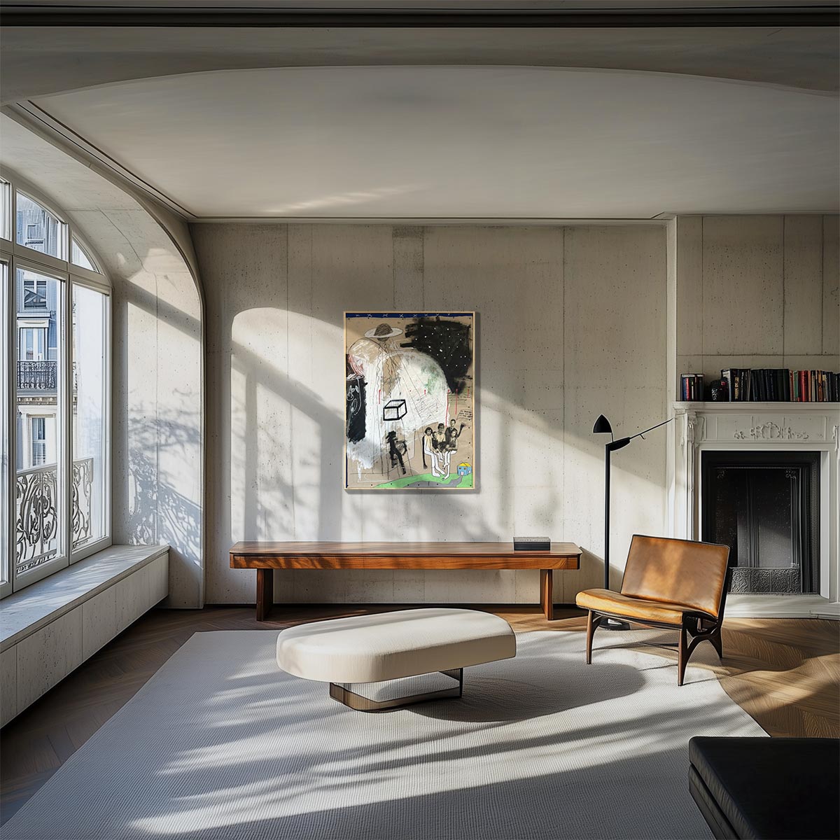 Primo piano del disco volante che proietta un fascio di luce nel quadro Invasione degli alieni.