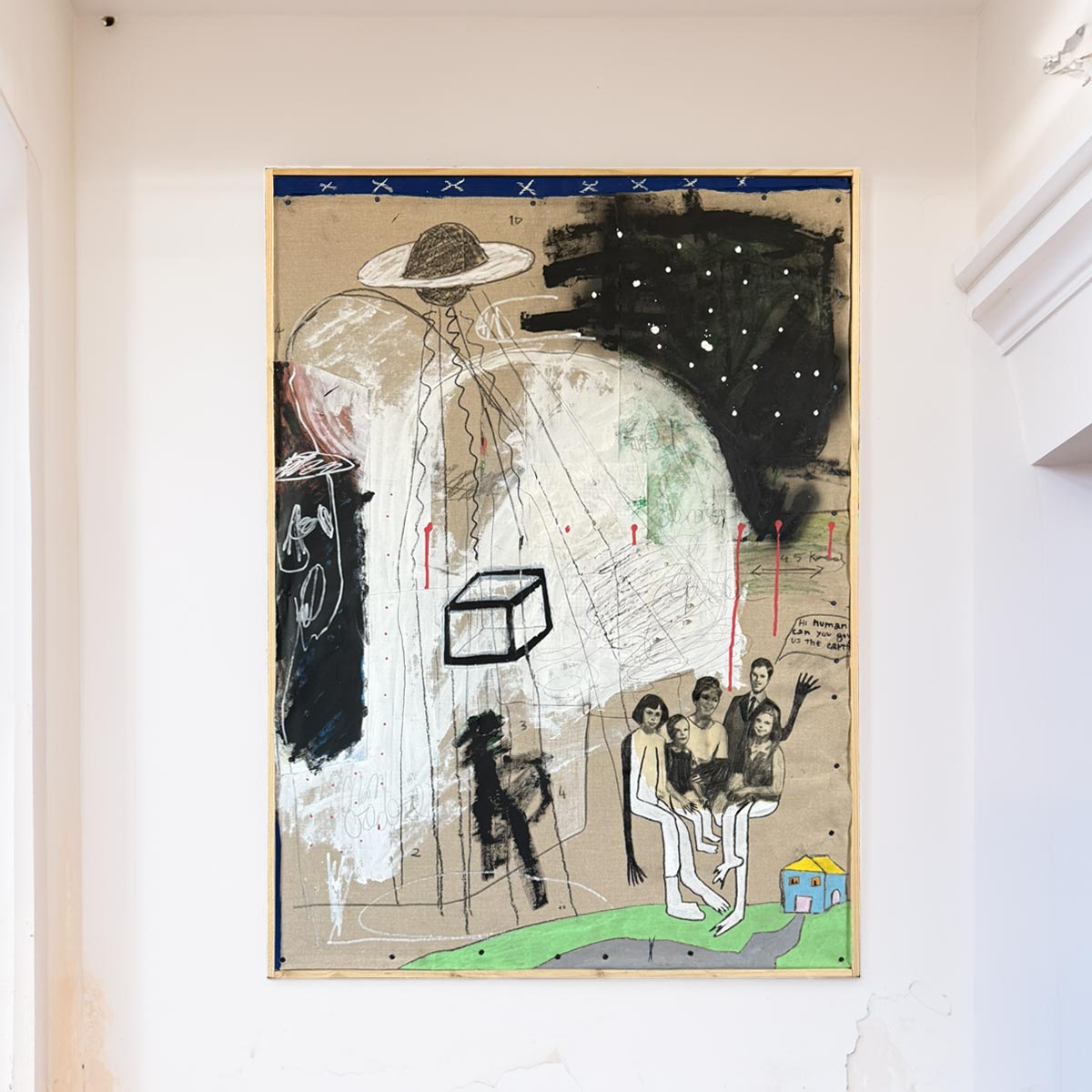 Quadro Invasione degli alieni di Massimiliano Precisi, pittura surrealista su tela riciclata.