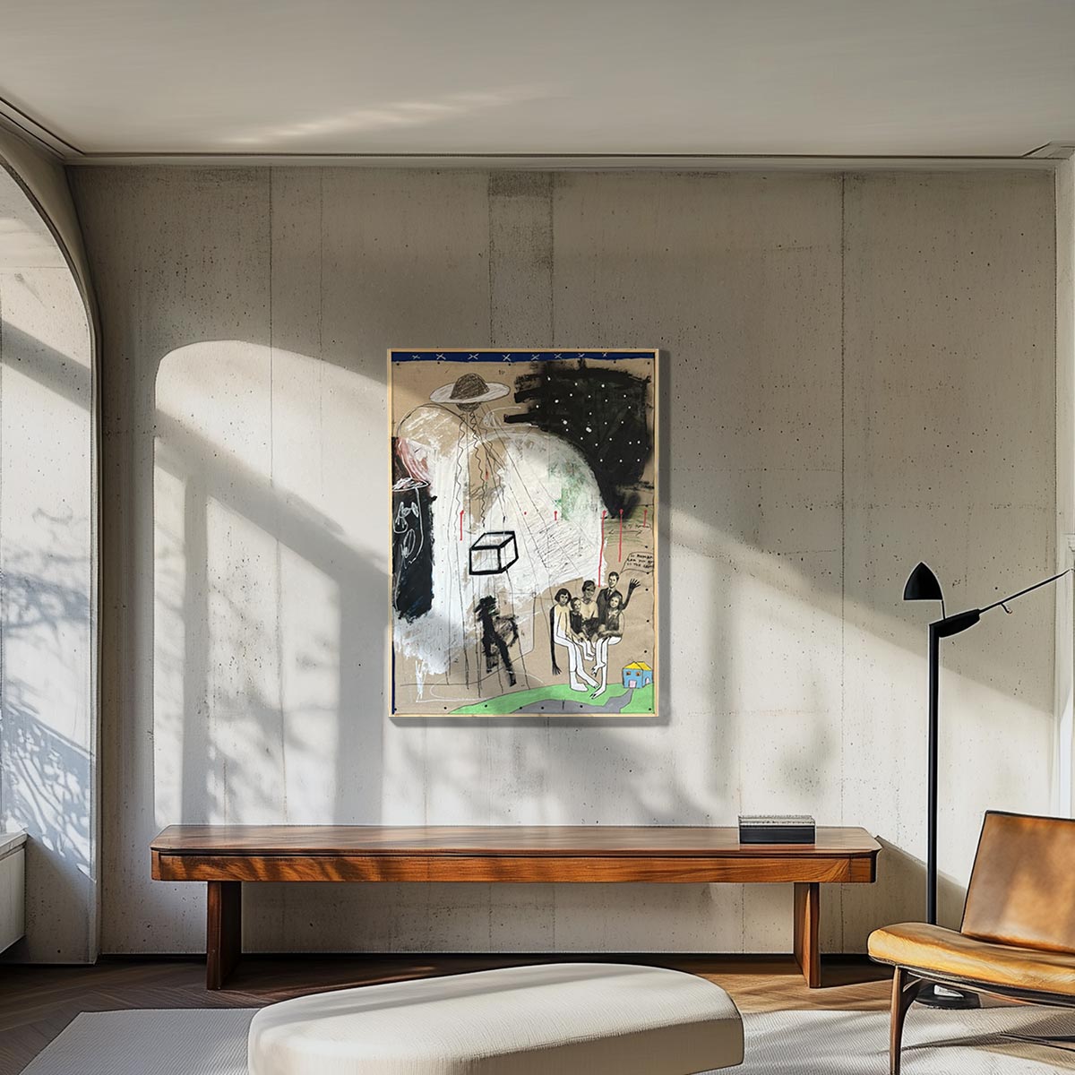 Dettaglio del gruppo di figure antropomorfe che osservano lo spettatore nell'opera di Precisi.