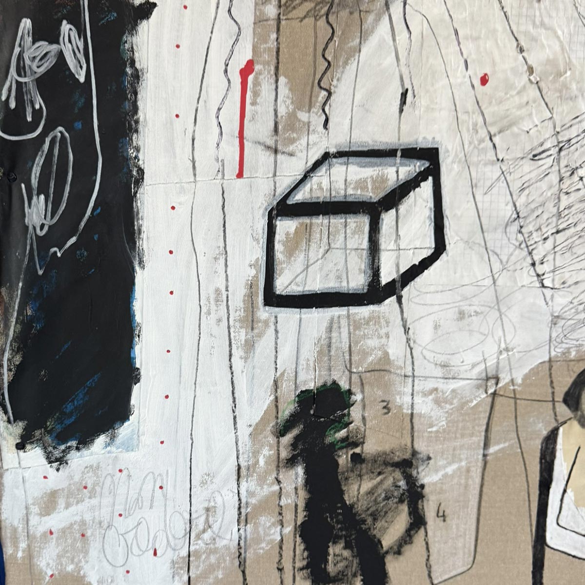 Vista angolata del Quadro Invasione degli alieni che mostra la texture della tela riciclata.