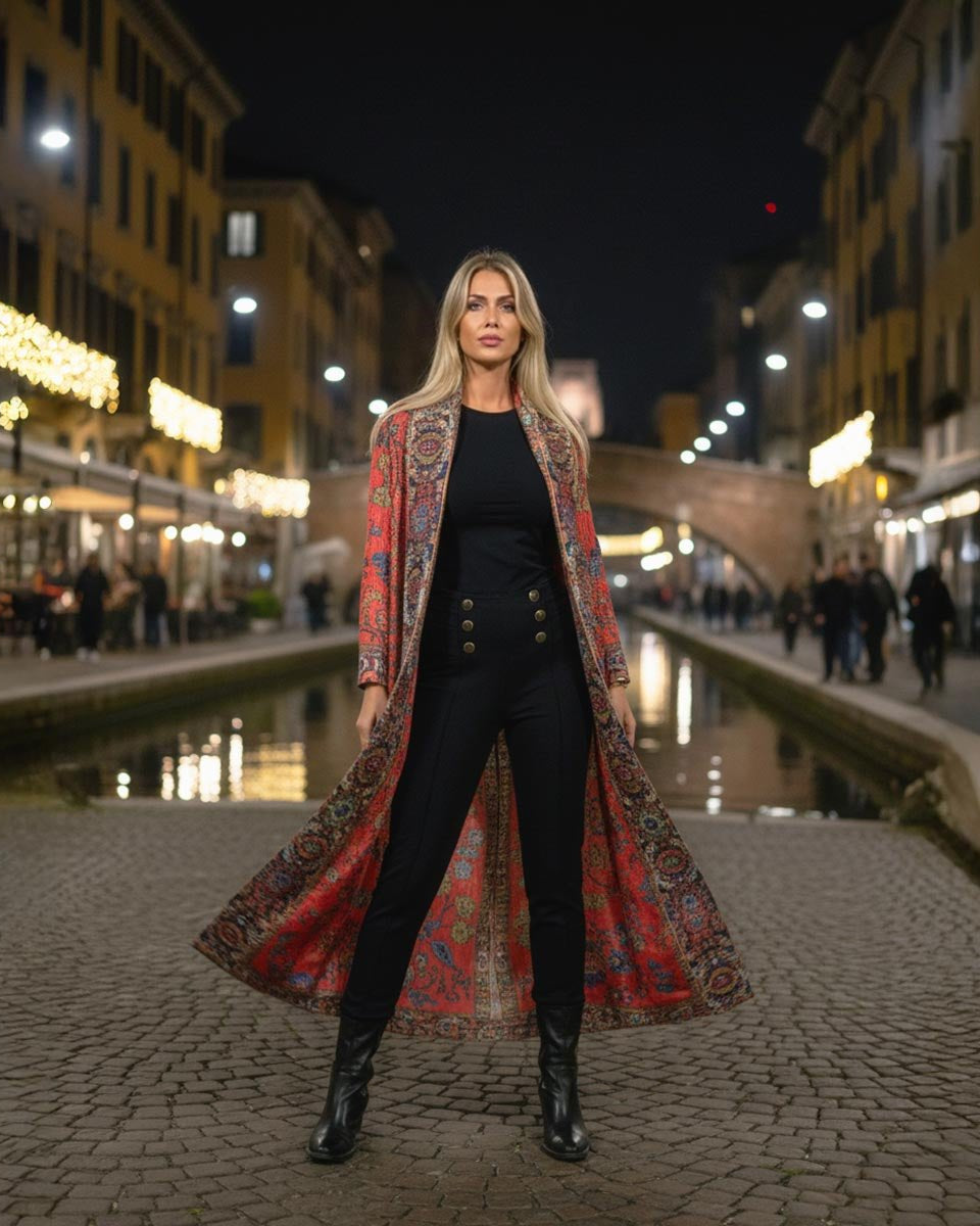 Kimono soprabito Brera, capo in edizione limitata Vicode con fantasia a mosaico rossa.