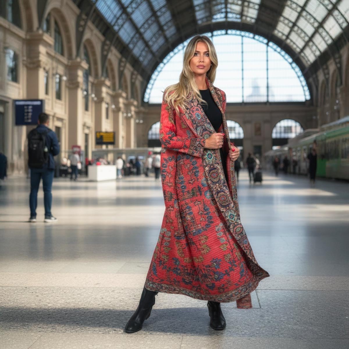 Modella che indossa il kimono soprabito Brera aperto, mostrando la sua linea fluida.