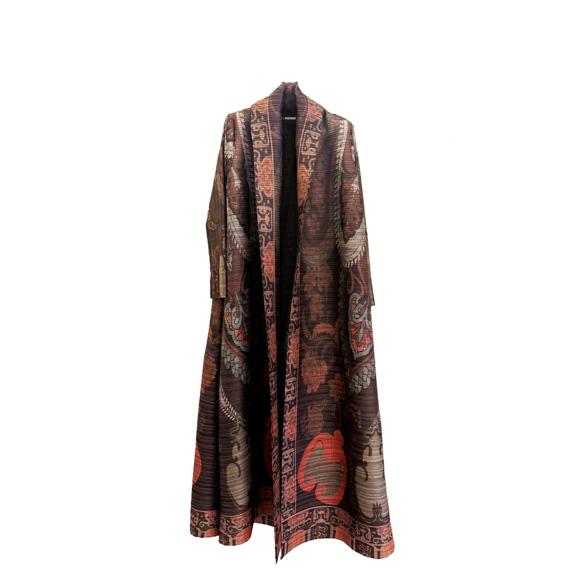 Vista posteriore del kimono soprabito fantasia che ne mostra il ricco pattern completo.