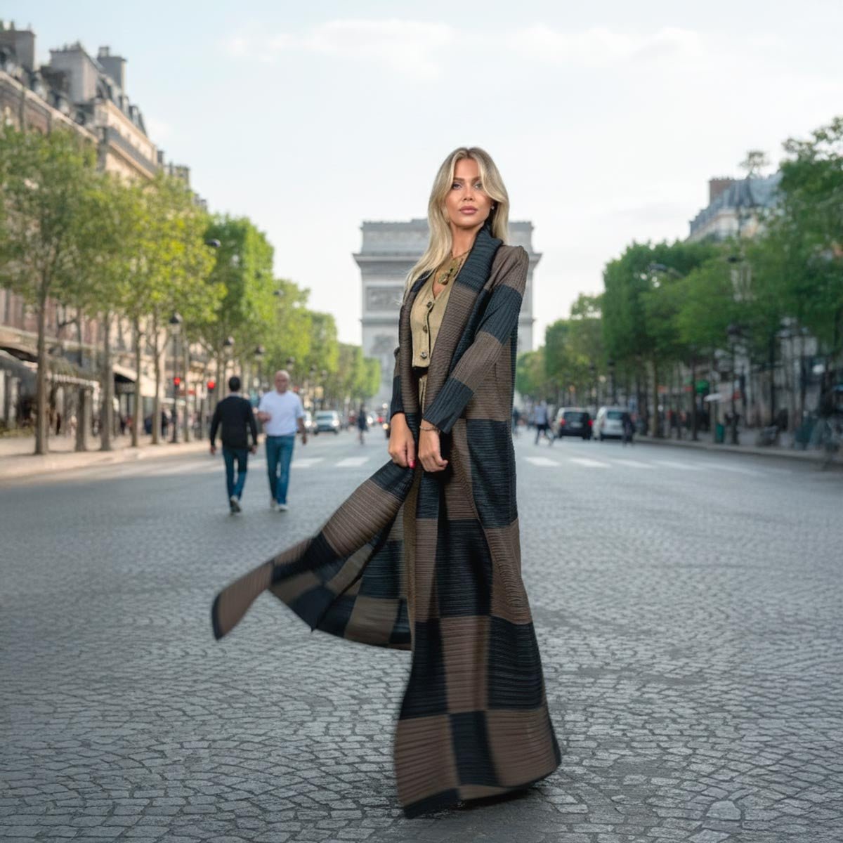 Dettaglio del maxi motivo a scacchiera nei toni del nero e del fango del kimono Le Marais.