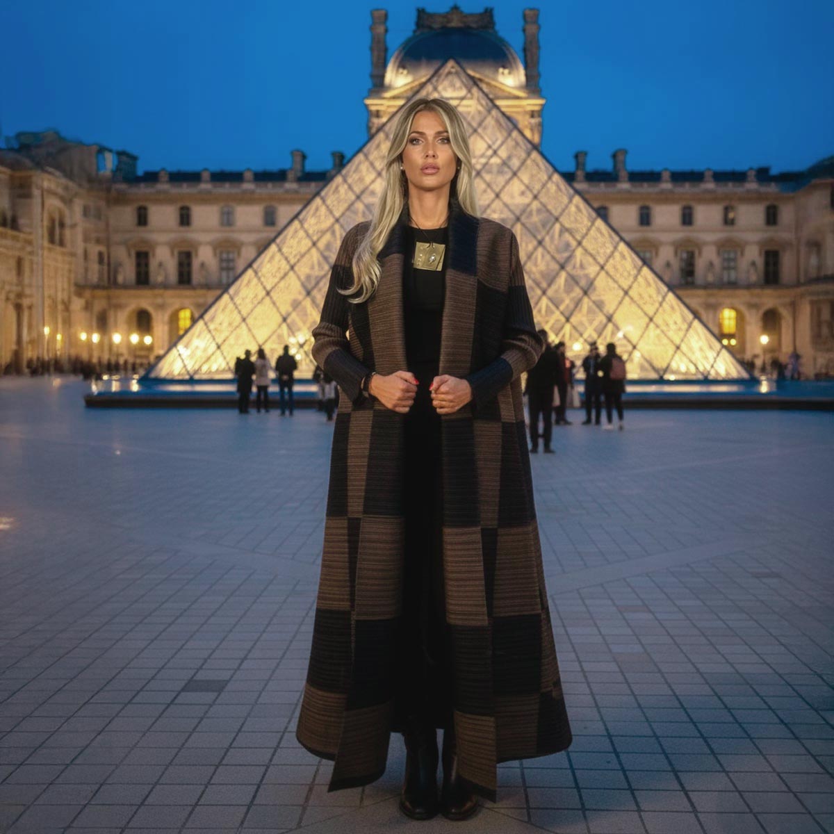 Modella che indossa il kimono soprabito Le Marais sopra un look minimalista a Parigi.
