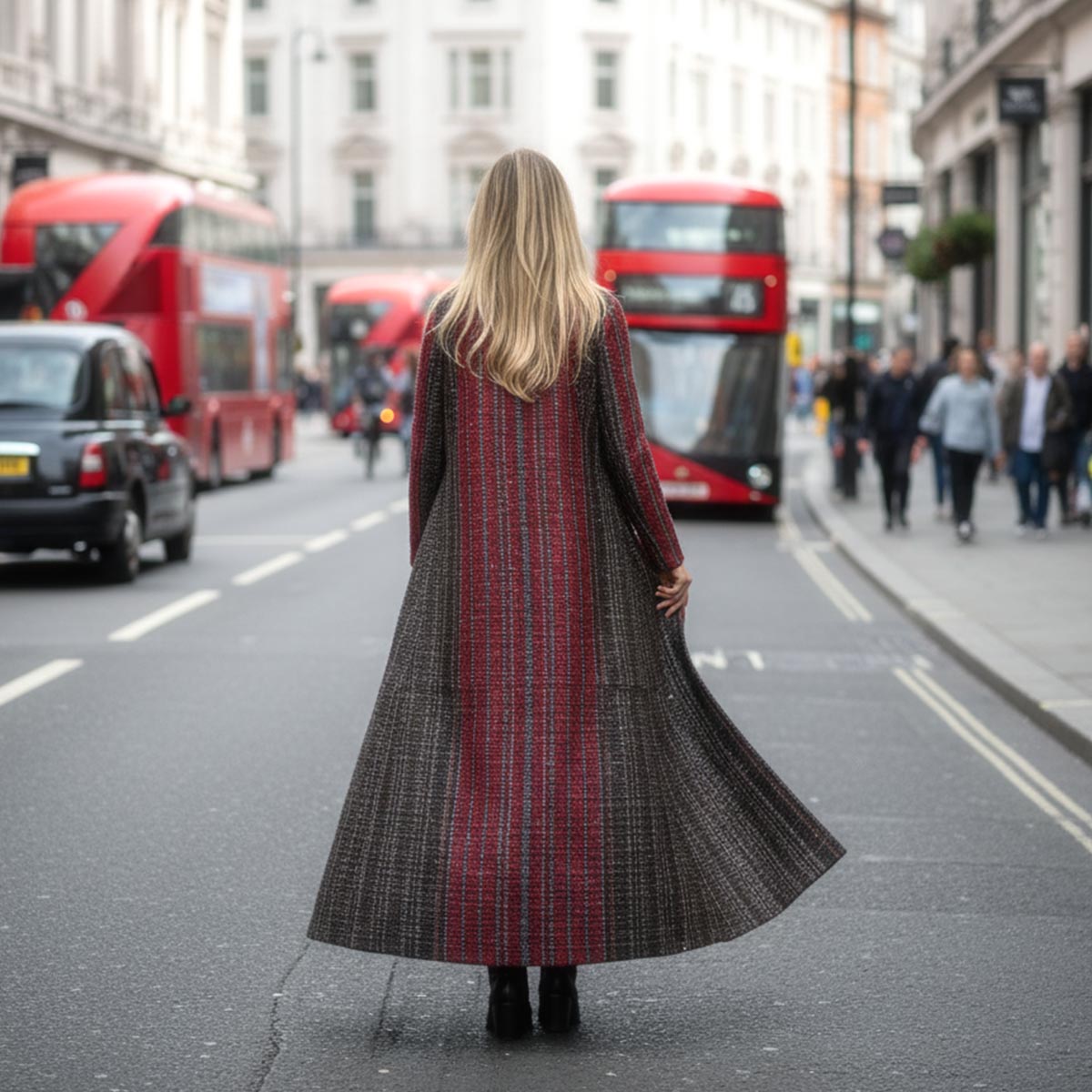 Primo piano della sofisticata fantasia effetto tweed del tessuto del kimono soprabito Notting Hill.