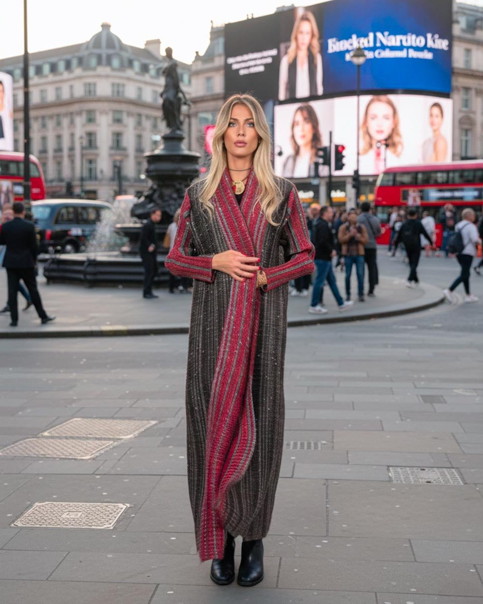 Kimono soprabito Notting Hill, caftano da città Vicode con fantasia tweed e bordi rossi.