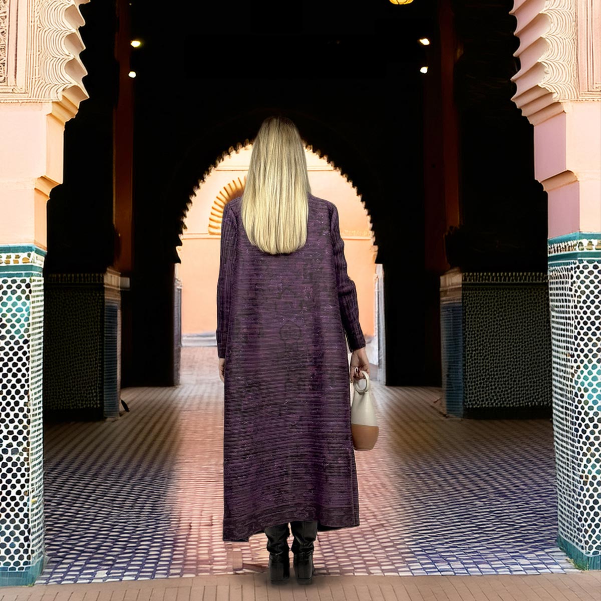 Il kimono soprabito viola indossato aperto sopra un outfit nero per un look sofisticato.