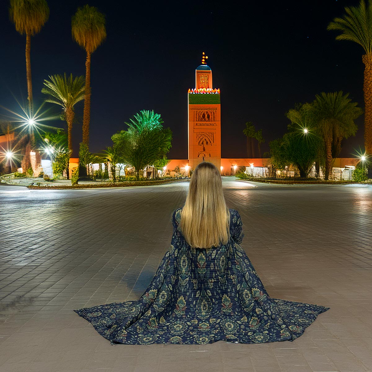 Modella che indossa il kimono blu zaffiro Sapphire Tapestry come soprabito elegante.