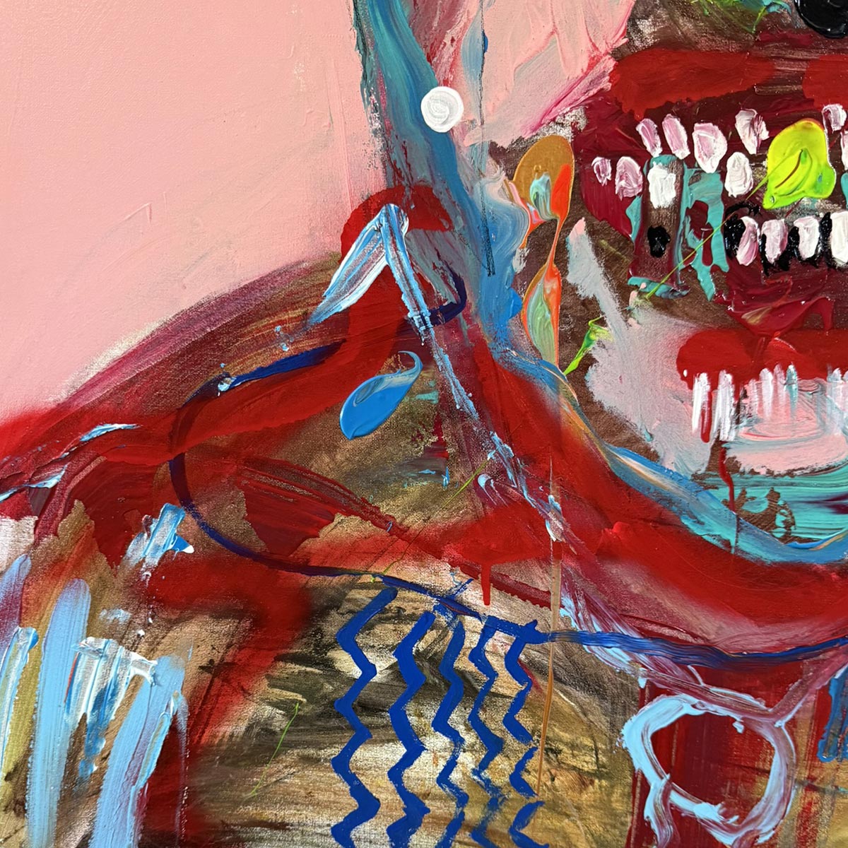 Vista angolata del quadro che ne mostra la matericità e le pennellate di acrilico.