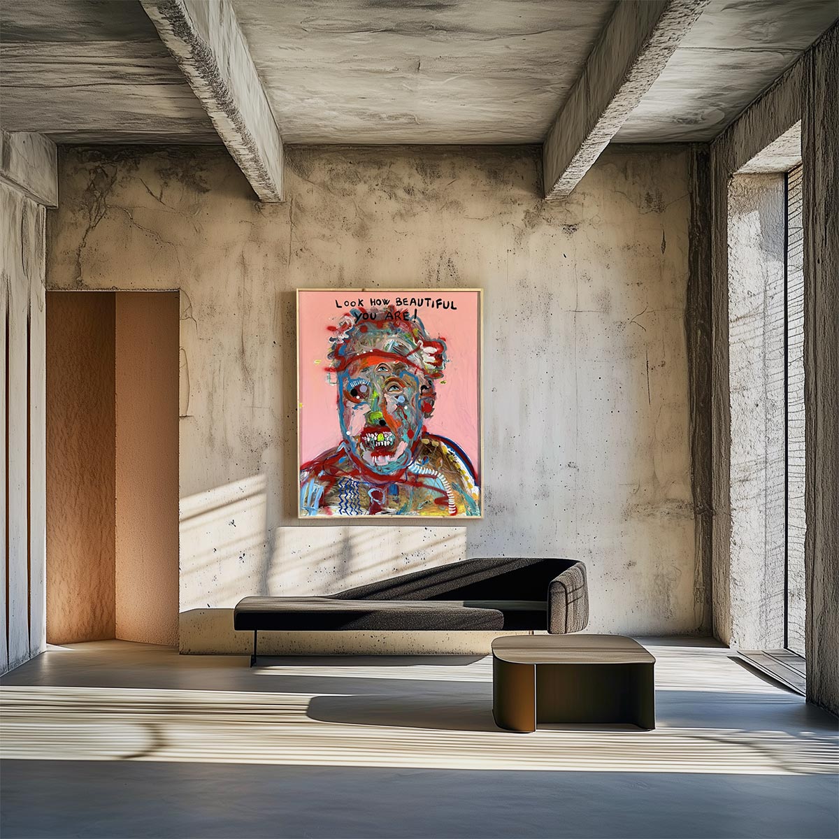 Primo piano del volto esplosivo e deforme, figura centrale del quadro di Precisi.