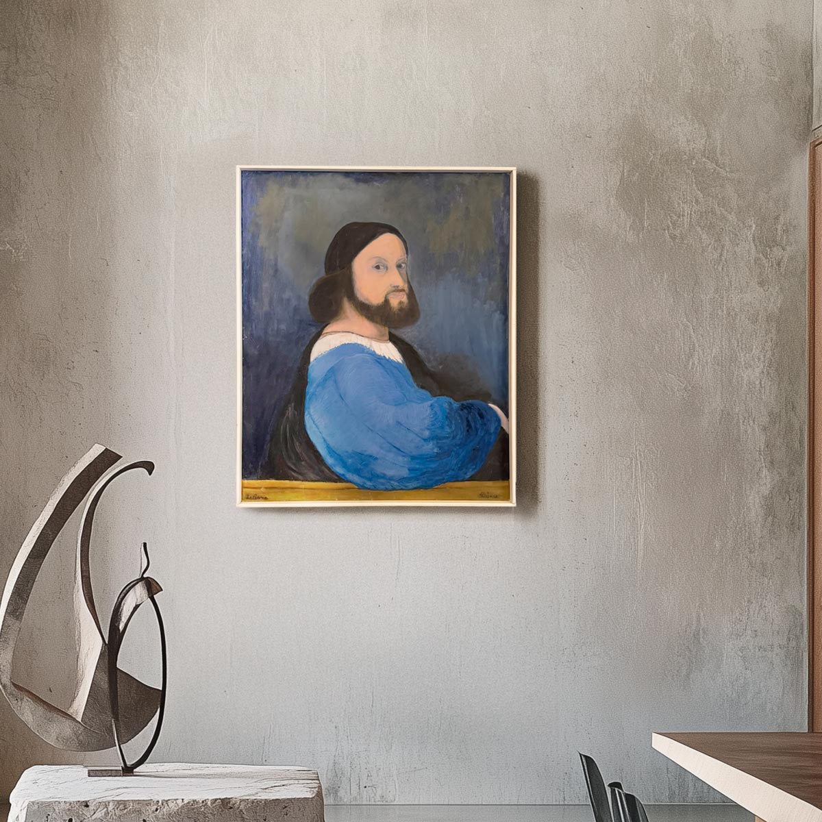 Dettaglio del colore azzurro compatto e senza sfumature dell'abito nell'opera.