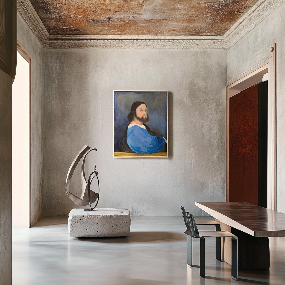 Primo piano del volto grezzo e dello sguardo obliquo del soggetto del Quadro Uomo in Blu.