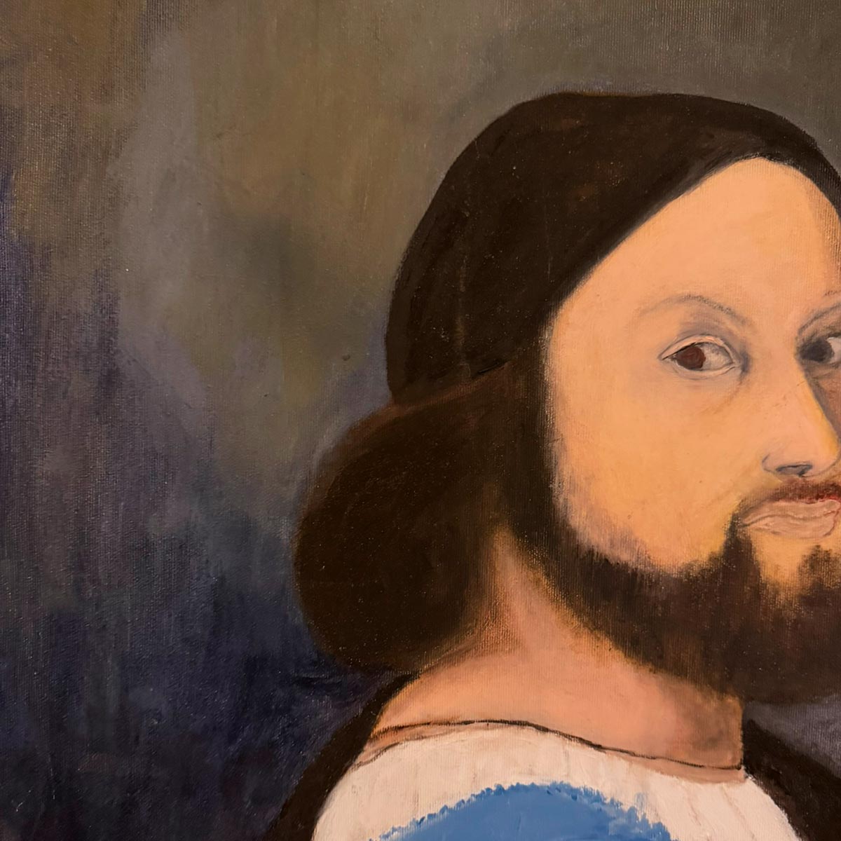 Il Quadro L'Uomo in Blu esposto su una parete bianca, evidenziando il suo stile minimalista.