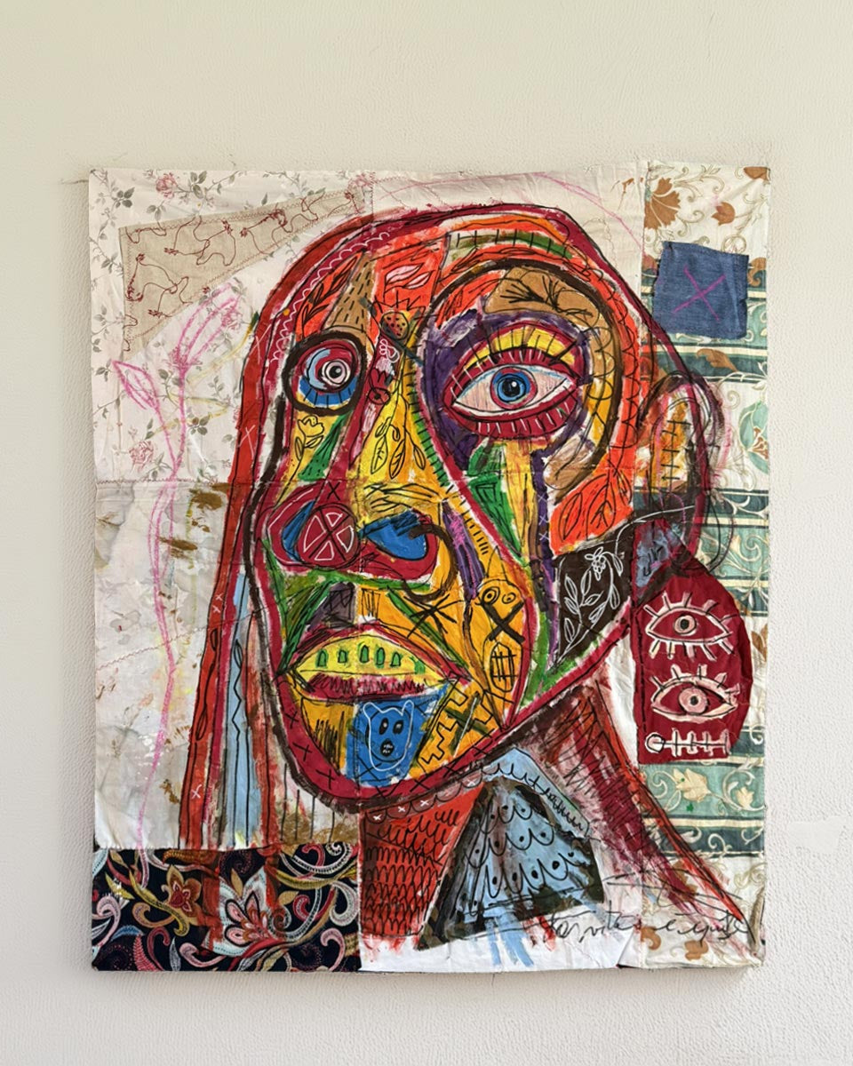 Quadro Maschera Indiana di Massimilano Precisi, opera in acrilico su tela cucita.