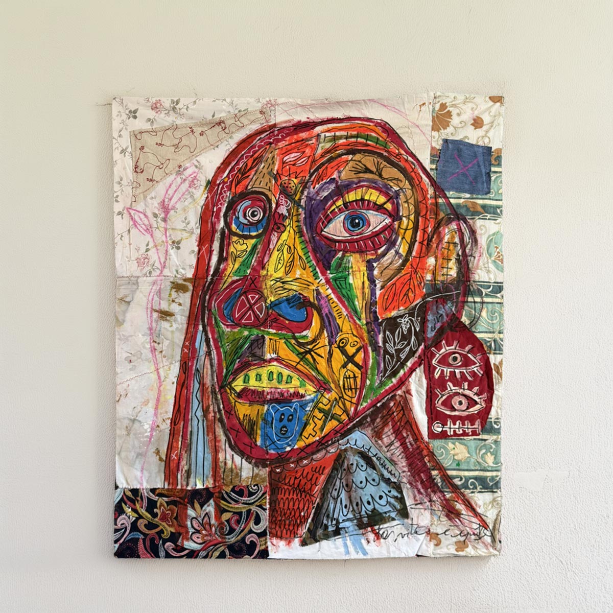 Quadro Maschera Indiana di Massimilano Precisi, opera in acrilico su tela cucita.