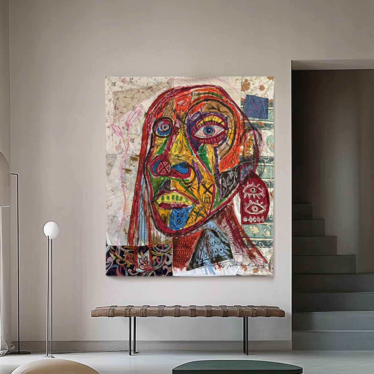 Dettaglio della tela cucita, elemento materico del Quadro Maschera Indiana.