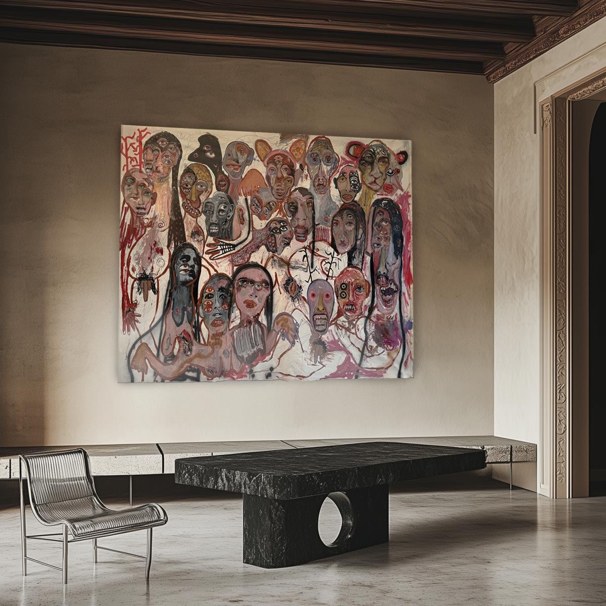 Primo piano di alcuni volti deformi e grotteschi nel quadro Maschere in festa.