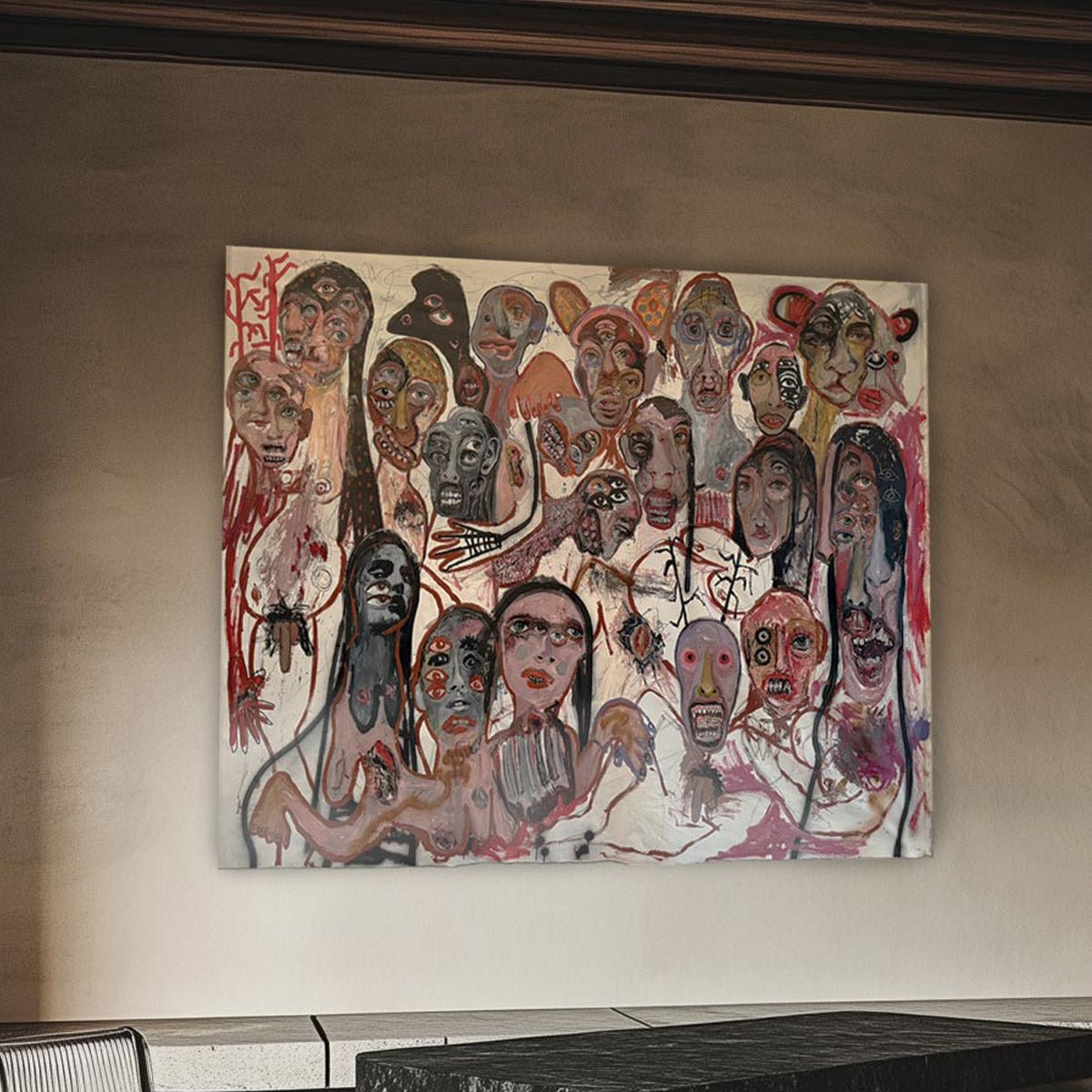 Dettaglio dell'uso istintivo dei colori rosso, carne e nero nell'opera di Precisi.