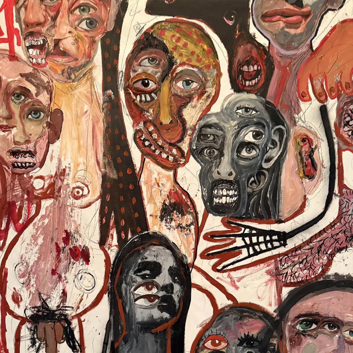 Particolare della composizione caotica e sovrapposta del quadro Maschere in festa.